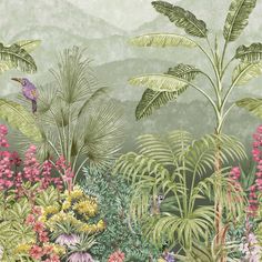 a painting of tropical plants and flowers with mountains in the background