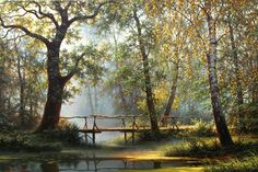 a painting of a bridge in the woods