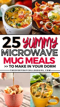 College meals to make in your dorm Dorm Recipes Microwave, Best Microwave Meals, Homemade Microwave Meals, Meals For College Students, Mug Meals