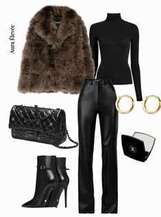 The faux fur coat adds a touch of warmth and luxury, while the black turtleneck and leather pants keep the look sleek and edgy. The Chanel bag adds a touch of sophistication, and the gold hoop earrings complete the look with a touch of glam. The black boots and Chanel compact powder add a touch of polish, making this outfit perfect for a night out or a special occasion. #ootd #cozychic #fauxfurcoat #turtleneck #leatherpants #chanel #hooperrings #boots #compactpowder #fashion #style #outfitinspiration #outfitoftheday #winterstyle #edgystyle #stylish #edgy #fall #trendy #glamour #hoops Chanel Compact, Compact Powder, Cozy Chic, Black Turtleneck, Faux Fur Coat, Gold Hoop, Gold Hoop Earrings, Edgy Fashion, Chanel Bag