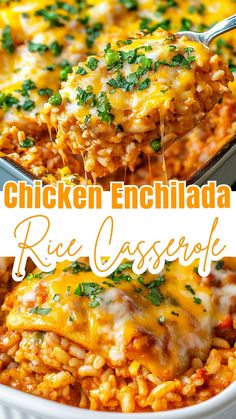 Chicken Enchilada Rice Casserole Casserole Recipes Enchilada, Easy Mexican Dishes For Potluck, Cheesy Fiesta Chicken And Rice, Mexican Casserole Freezer Meal, Recipes With Mexican Rice, Easy Dinner Bake Recipes, Bbq Chicken Rice Casserole, Quick And Easy Dinner Recipes Healthy Gluten Free, Chicken Enchiladas Rice Casserole