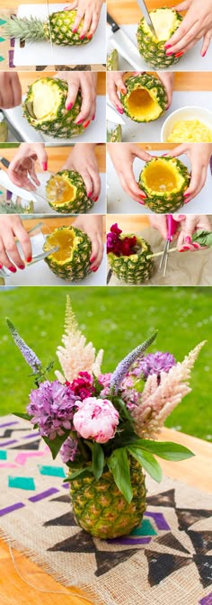 there is a pineapple with flowers in it being cut and put into the bowl