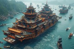 an aerial view of several boats in the water and some buildings on top of them