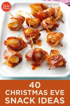 christmas eve snack idea with bacon wrapped in toothpicks on a white platter