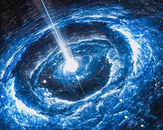 an artist's rendering of a black hole in the center of a blue galaxy