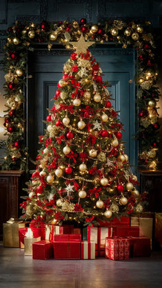 a decorated christmas tree with presents under it