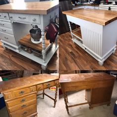 four different views of a kitchen island made out of wood and white painted cabinets with drawers