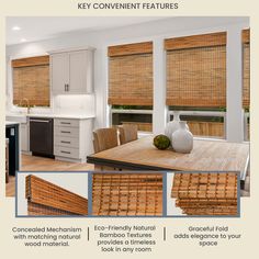 an advertisement for bamboo blinds in the kitchen and dining room with instructions on how to use them