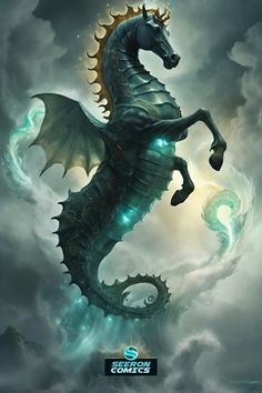 a blue dragon sitting on top of a cloud filled sky next to a green light