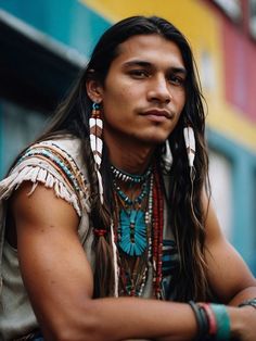 a man with long hair wearing native clothing and beads on his head sitting in front of a building