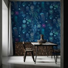 an ocean themed wallpaper with jellyfish and seaweed