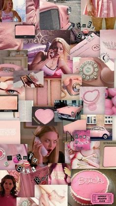 a collage of pink and white pictures with women talking on cell phones, dresses, jewelry, and other items