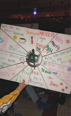 a person holding up a wheel of fortune with words written on the front and sides