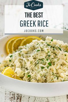 a white bowl filled with rice and lemon wedges