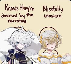 two anime characters one with blonde hair and the other wearing white