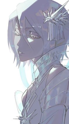 a drawing of a woman with short hair and blue eyes looking off to the side