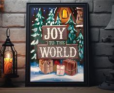 a christmas card with presents in front of a brick wall and lit candles on the side