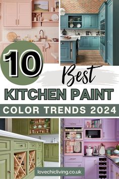 the top 10 best kitchen paint colors for 2014, including pink and green cabinets with brick walls