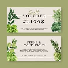 two gift vouchers with green plants and leaves