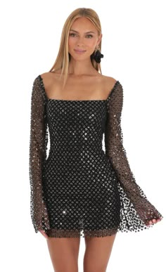 Darcie Sequin Floral Bell Sleeve Dress in Black | LUCY IN THE SKY Dresses Nightclub, Black Sparkly Dress, School Dance Dresses, Vegas Dresses, Nye Dress, Long Sleeve Sequin Dress, Sequence Dress, Vegas Outfit, Disco Dress