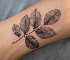 a woman's arm with a leaf tattoo on it