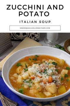 a bowl of pasta and potato soup with parmesan cheese on top