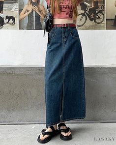 Lasaky - High Waisted Denim Midi Skirt Vintage A-Line Loose Long Skirt Simple Maxi, Midi Skirt Vintage, Midi Skirt Outfit, Skirt Vintage, Denim Midi Skirt, Types Of Skirts, High Waisted Denim, Vintage Skirt, Skirt Outfits