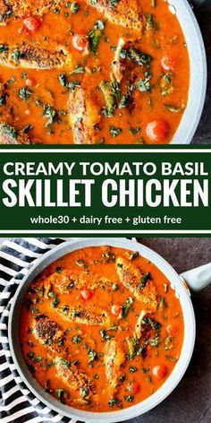 two bowls of creamy tomato basil skillet chicken soup with text overlay that reads, creamy tomato basil skillet chicken