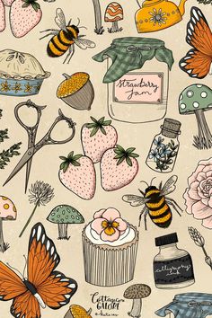 Illustrated pattern of cottagecore icons. Available as a free desktop/tablet/phone wallpaper. Cottagecore Aesthetic Wallpaper, Wallpaper Edgy, Cottagecore Wallpaper, Background Retro, Wallpaper Homescreen, Wallpaper Retro, Phone Wallpaper Patterns, Wallpaper Vintage, Cute Patterns Wallpaper