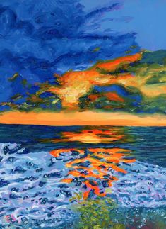 an oil painting of the ocean at sunset with clouds in the sky and sun reflecting on the water