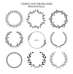 the laurel leaf wildflower wreath pack is shown in black and white, with four different designs