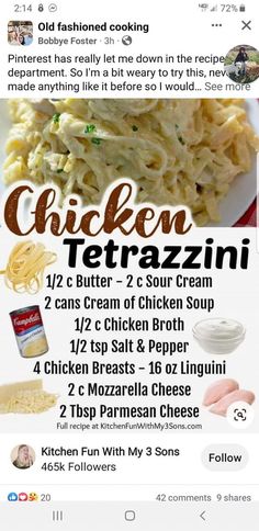 the chicken tetrazzini recipe is displayed on an instagram page with other food items