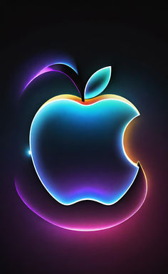 an apple logo on a dark background with neon light streaks around the top and bottom