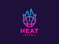 the heat miami logo is shown on a dark background with pink and blue flames in the center