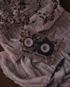 an old cd sitting on top of a table next to dried flowers