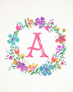 the letter a is surrounded by colorful flowers and leaves on a white background with pink lettering