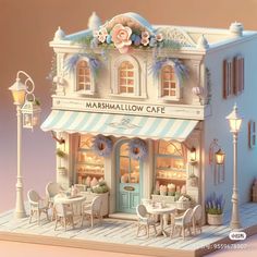 a miniature model of a restaurant with tables and chairs in front of the building that says marshmallow cafe