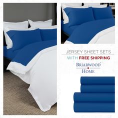 a bed with blue sheets and white pillows on top of it, next to a pillow case