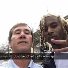 two men standing next to each other with the caption just met chief kelth from rap