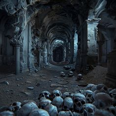 a bunch of skulls that are laying on the ground in a room with arches and columns