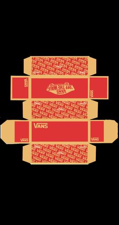 three red and yellow boxes with the words vans printed on them, all stacked together