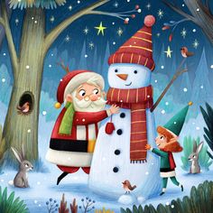 a painting of santa claus and his snowman