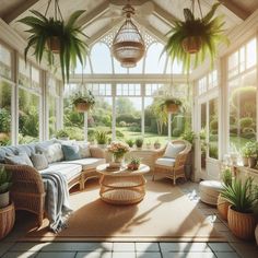 a sun room filled with lots of plants and furniture