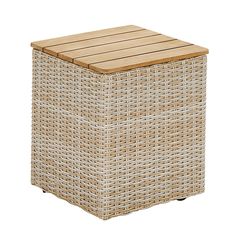 an outdoor wicker stool with wooden top on white background, closeup view from the side