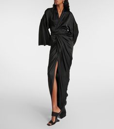 Satin wrap gown in black - Rick Owens | Mytheresa Elegant V-neck Robe For Evening, Formal Silk Dress With Tie Waist, Silk Maxi Dress With Draped Sleeves For Dinner, Evening Fitted Wrap Dress With Draped Sleeves, Evening Draped Wrap Dress, Fitted Wrap Dress With Draped Sleeves For Evening, Chic Draped Wrap Dress For Formal Occasions, Pre-draped Evening Wrap Dress, Evening Pre-draped Wrap Dress