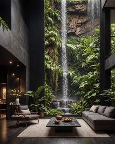 a living room filled with furniture and a waterfall in the middle of it's walls