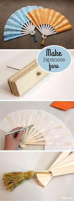 three different types of paper fans on top of each other with the words make japanese fans