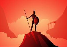 a man standing on top of a mountain holding a spear and shield in his hand