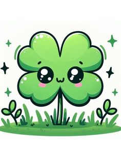 a green clover with eyes and stars on it's head, sitting in the grass