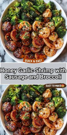 two bowls filled with shrimp and broccoli on top of a table